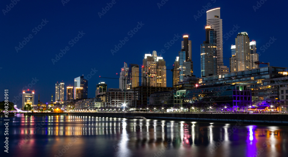 Tourism in Buenos Aires. Puerto Madero at night. The most modern and luxurious neighborhood in Buenos Aires shows all its glamor at night. 