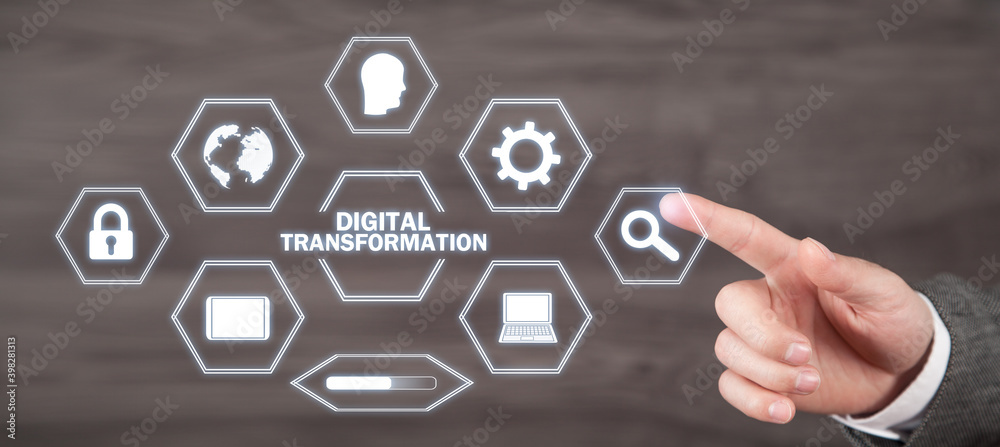 Male hand pressing search button. Digital Transformation Male hand pressing search button. Digital Transformation