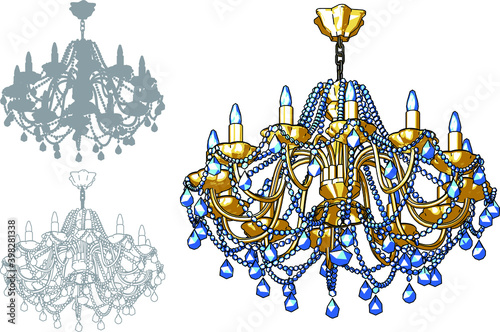 Chandelier vector illustration set. Line art, silhouettes, paint.
