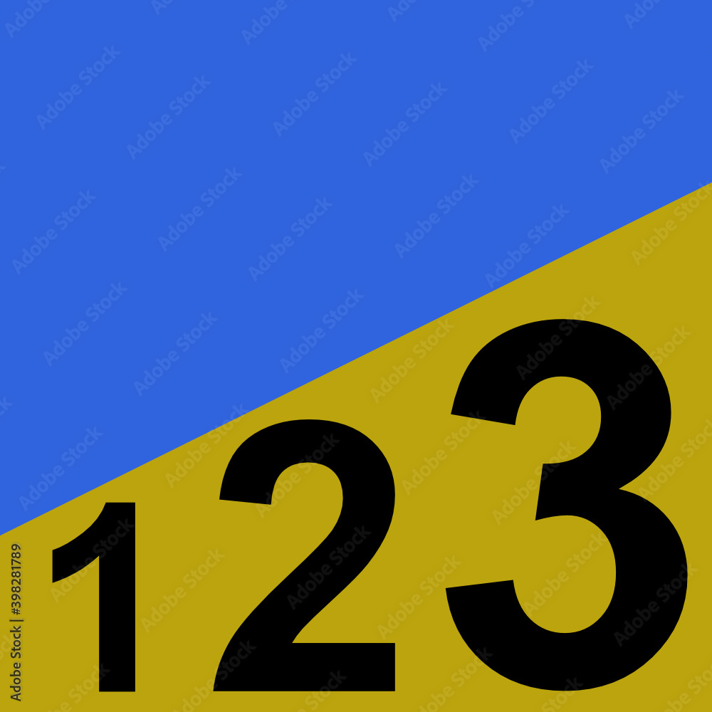 Drei schwarze Zahlen 123 von links nach rechts größer werdend vor zweifarbigem diagonal verlaufenden Hintergrund in Gold und blau Drei schwarze Zahlen 123 von links nach rechts größer werdend vor zweifarbigem diagonal verlaufenden Hintergrund in Gold und blau