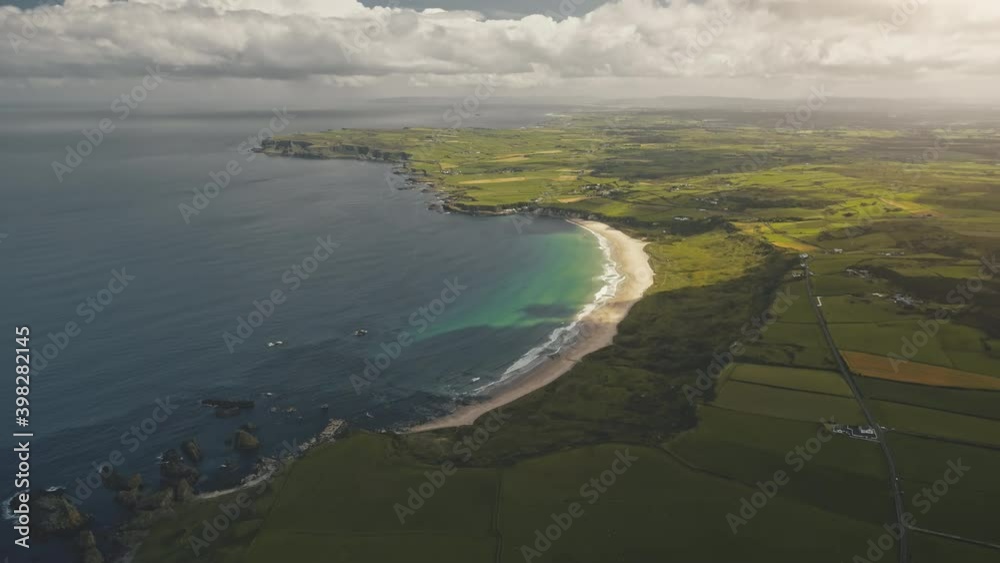 custom made wallpaper toronto digitalGreen farmland at sun ocean bay aerial. Nobody nature landscape. Yellow fields, greenery meadows at summer day. Calm ocean seascape. Rural meadows and lands. Northern Ireland, United Kingdom, Europe