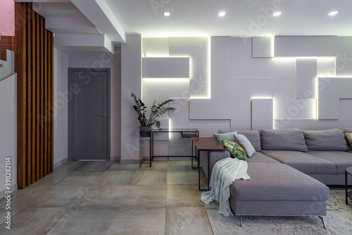 Contemporary interior of luxury studio flat. Modern home design. Huge cozy sofa. Green plant. Living room.