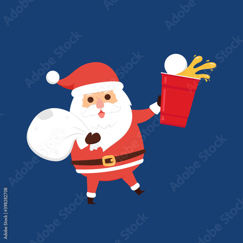 Santa Claus cartoon vector. Santa character design. Red beer cup vector. Beer pong.