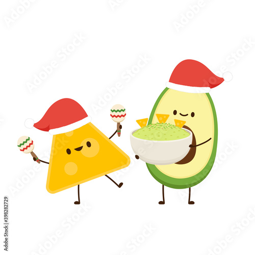 Avocado in Santa hat. Nacho dip in bowl. Nacho vector. Avocado dip. Avocado and nacho character design.