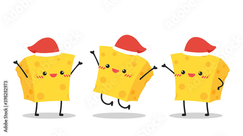 Cheese character design. Cheese on white background. Santa hat.