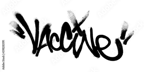 Sprayed vaccine font with overspray in black over white. Vector illustration.