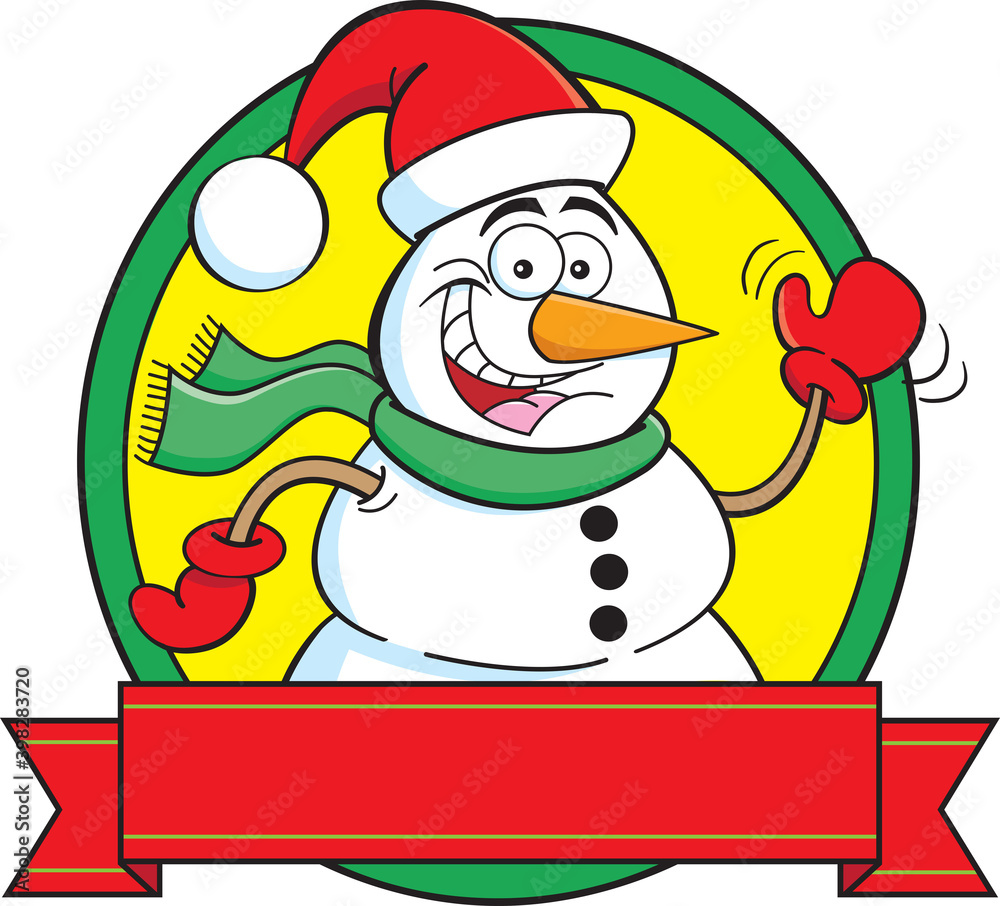 Cartoon illustration of a snowman waving inside a graphic banner. Cartoon illustration of a snowman waving inside a graphic banner.