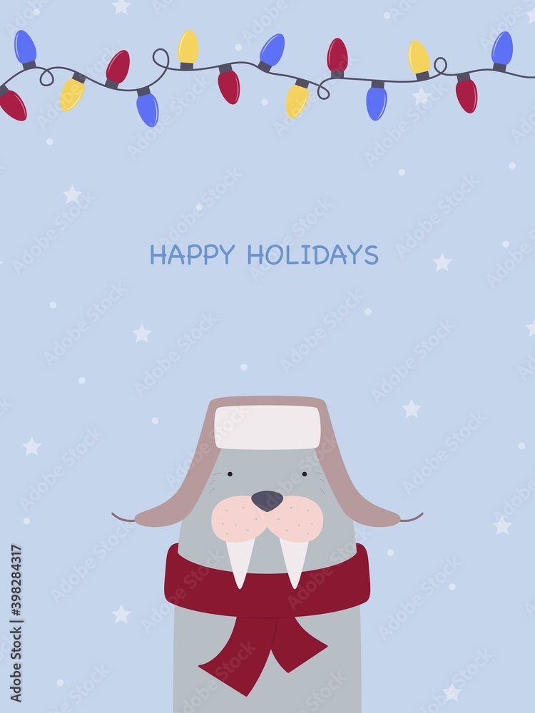 Postcard Happy Holidays. Cute walrus in a hat with snowflakes on the background. Vector illustration Postcard Happy Holidays. Cute walrus in a hat with snowflakes on the background. Vector illustration