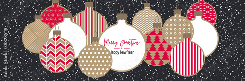 Happy New Year. Merry Christmas. Festive card on a craft background. Holiday background. Christmas decorations. Xmas, New year background. Vector illustration