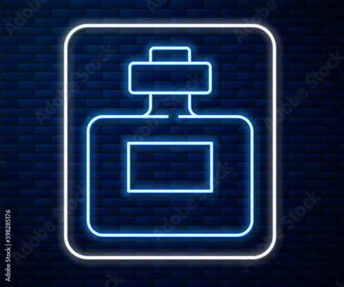 Glowing neon line Perfume icon isolated on brick wall background. Vector.