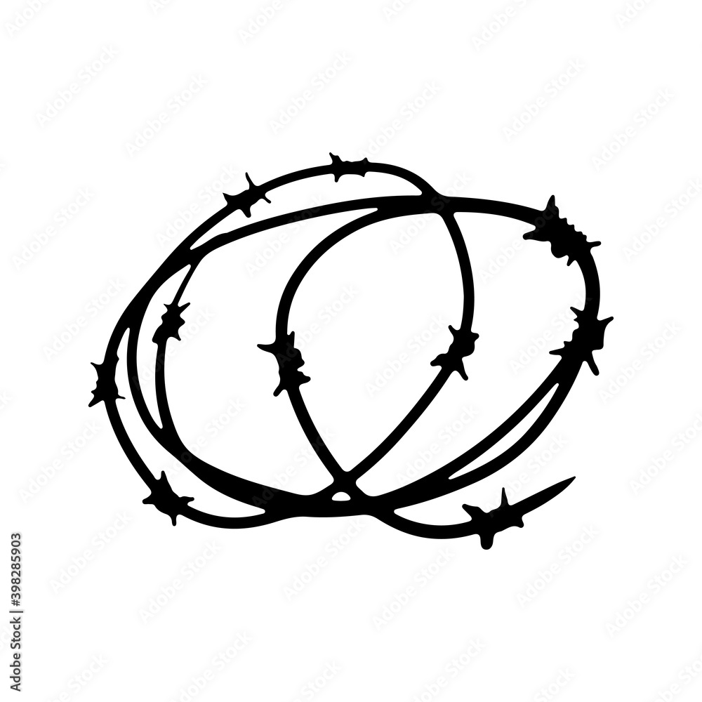 Barbed wire icon. Black contour silhouette. Round skein. Vector flat graphic hand drawn illustration. The isolated object on a white background. Isolate.