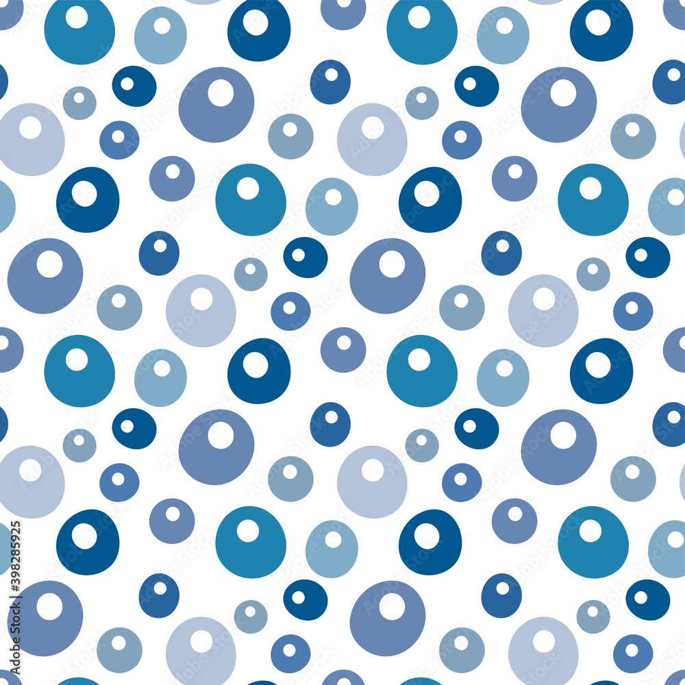 Blue different bubbles isolated on white background. Cute contrasting geometric seamless pattern. Vector flat graphic hand drawn illustration. Texture.