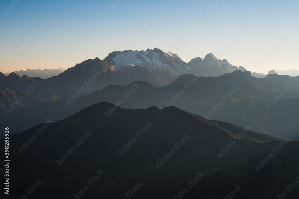 Marmolada Mountain, highest peak in the Dolomites seen from Lagazuoi, in a clear day of summer, Italy