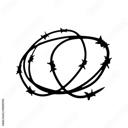 Barbed wire icon. Black contour silhouette. Round skein. Vector flat graphic hand drawn illustration. The isolated object on a white background. Isolate.