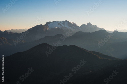 Marmolada Mountain, highest peak in the Dolomites seen from Lagazuoi, in a clear day of summer, Italy