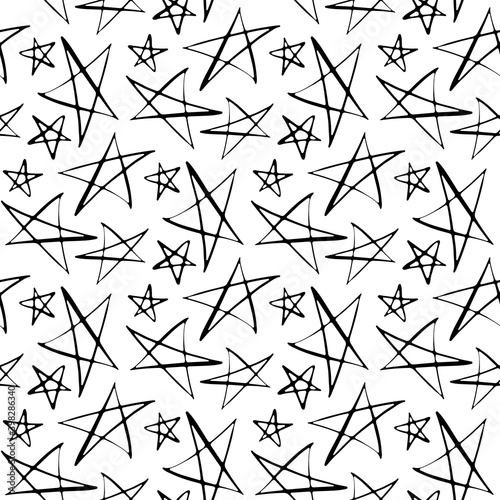Black thin sketch stars isolated on white background. Cute monochrome starry seamless pattern. Vector flat graphic hand drawn illustration. Texture.