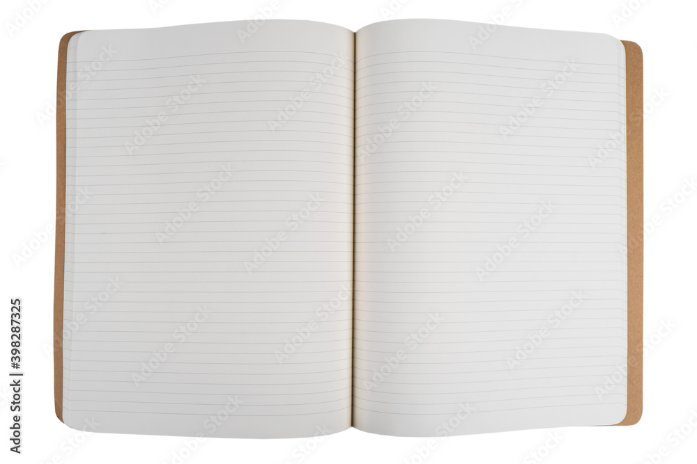 Open notebook empty pages top view. Lined notepad isolated on white  background. Note book spreadsheet pages. Opened dairy or textbook mockup.  Opened blank note book isolated on white. Photos