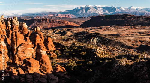 Fins of The Fiery Furnace and The Snow Capped La Sal Mountains, Arches National Park, Utah, USA