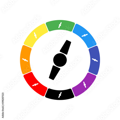 A large black wristwatch symbol in the center, surrounded by eight white symbols on a colored background. Background of seven rainbow colors and black. Vector illustration on white background