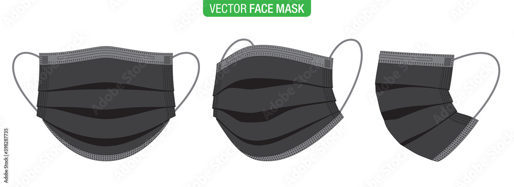 Black face mask, vector illustration. Set of flat style surgical masks, in  different viewing angles, isolated on white. Virus protection medical mask,  in front, three-quarters, and side views. Stock Vector | Adobe