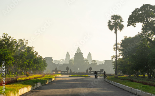 Angkor wat temple landscape in the morning with soft sun light. Angkor wat temple view from the front