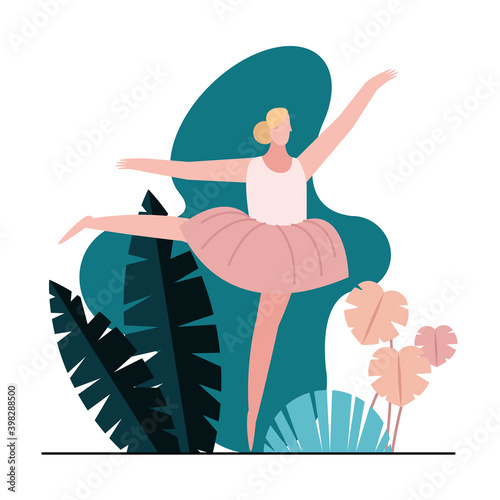 young woman dancing ballet character in the landscape