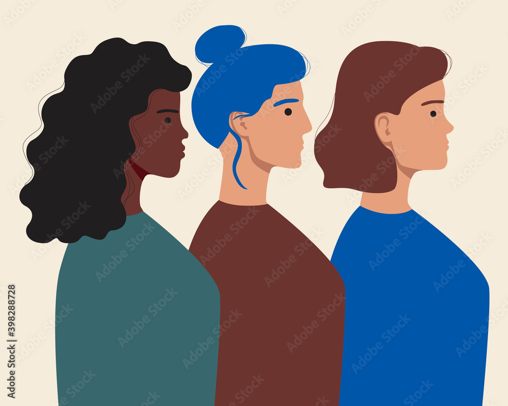 Multicultural women isolated, different ethnic group, flat vector stock illustration as feminism concept