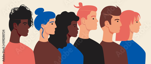 Multicultural society, people faces isolated, flat vector stock illustration with portraits of people of different ethnic group