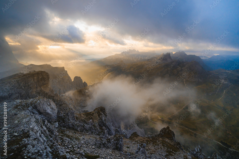 Dolomites scenic view at sunrise from Lagazuoi Mountain, beautiful alpine panorama, Italy