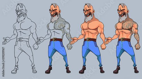 cartoon character design of bearded muscular man in tattoo