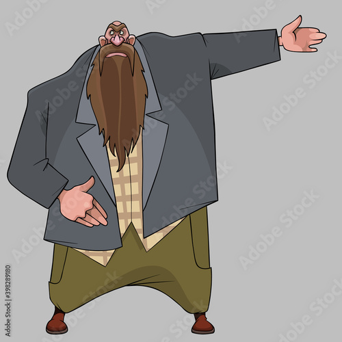 cartoon hefty bearded country man points his hand to the side