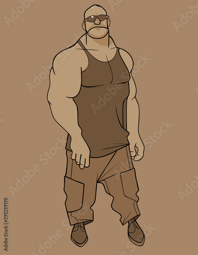cartoon hefty muscular man in monochrome shades