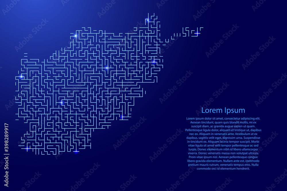Afghanistan map from blue pattern of the maze grid and glowing space stars grid. Vector illustration.