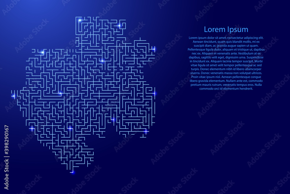 Gabon map from blue pattern of the maze grid and glowing space stars grid. Vector illustration.