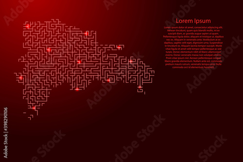 Dominican Republic map from red pattern of the maze grid and glowing space stars grid. Vector illustration. © elenvd