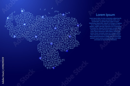 Venezuela map from blue pattern of the maze grid and glowing space stars grid. Vector illustration.