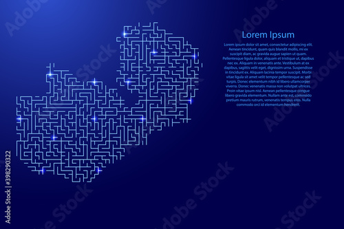 Zambia map from blue pattern of the maze grid and glowing space stars grid. Vector illustration.