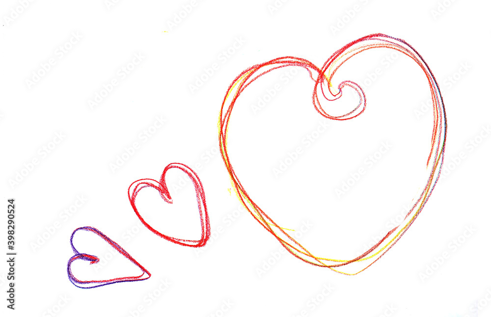 template of hand drawn colored pencil hearts colored in a row on a white background