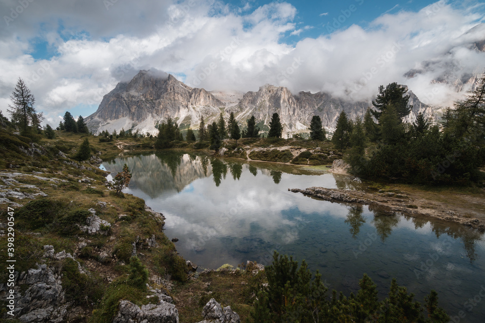 Morning foggy view of lago di limides in Dolomties, famous destination in south Tyrol, Italy