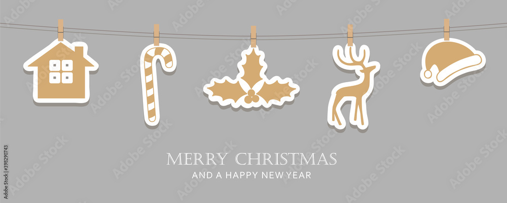 hanging christmas decoration candy cane deer berry santa hat vector illustration EPS10