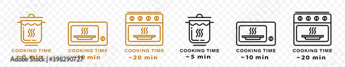 Cooking type and cooking time icon. The cooking time for food in a saucepan, microwave and oven. Instructions for packaging food products. Isolated vector elements.