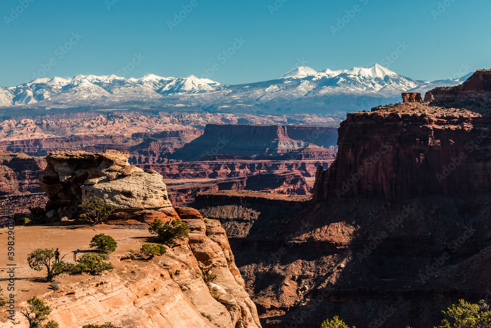 Fototapeta premium Hiker at The Shafer Overlook Above Monument Basin With The Snow Capped La Sal Mountains In the Distance, Canyonlands National Park, Utah, USA