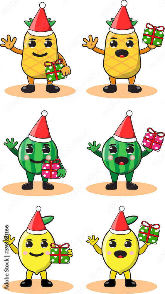 Set of colorful cartoon fruit icons half Lemon ,watermelon,pineapple with santa hat and gift.Good for kids colouring pages,logo, label,sticker, clipart.Cute and funny fruit set vector illustration. Set of colorful cartoon fruit icons half Lemon ,watermelon,pineapple with santa hat and gift.Good for kids colouring pages,logo, label,sticker, clipart.Cute and funny fruit set vector illustration.
