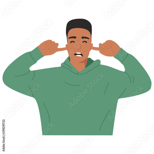 The guy covers his ears with his fingers from an unpleasant sound, music. Black young man mockup for advertising, space for text, copy space, isolated on white background, portrait