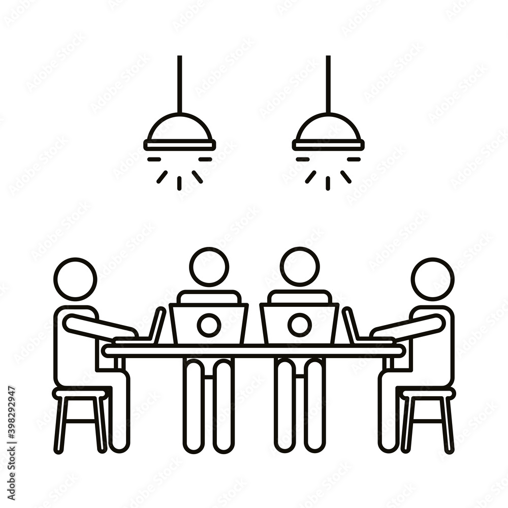 four workers in table with laptops coworking line style icon four workers in table with laptops coworking line style icon