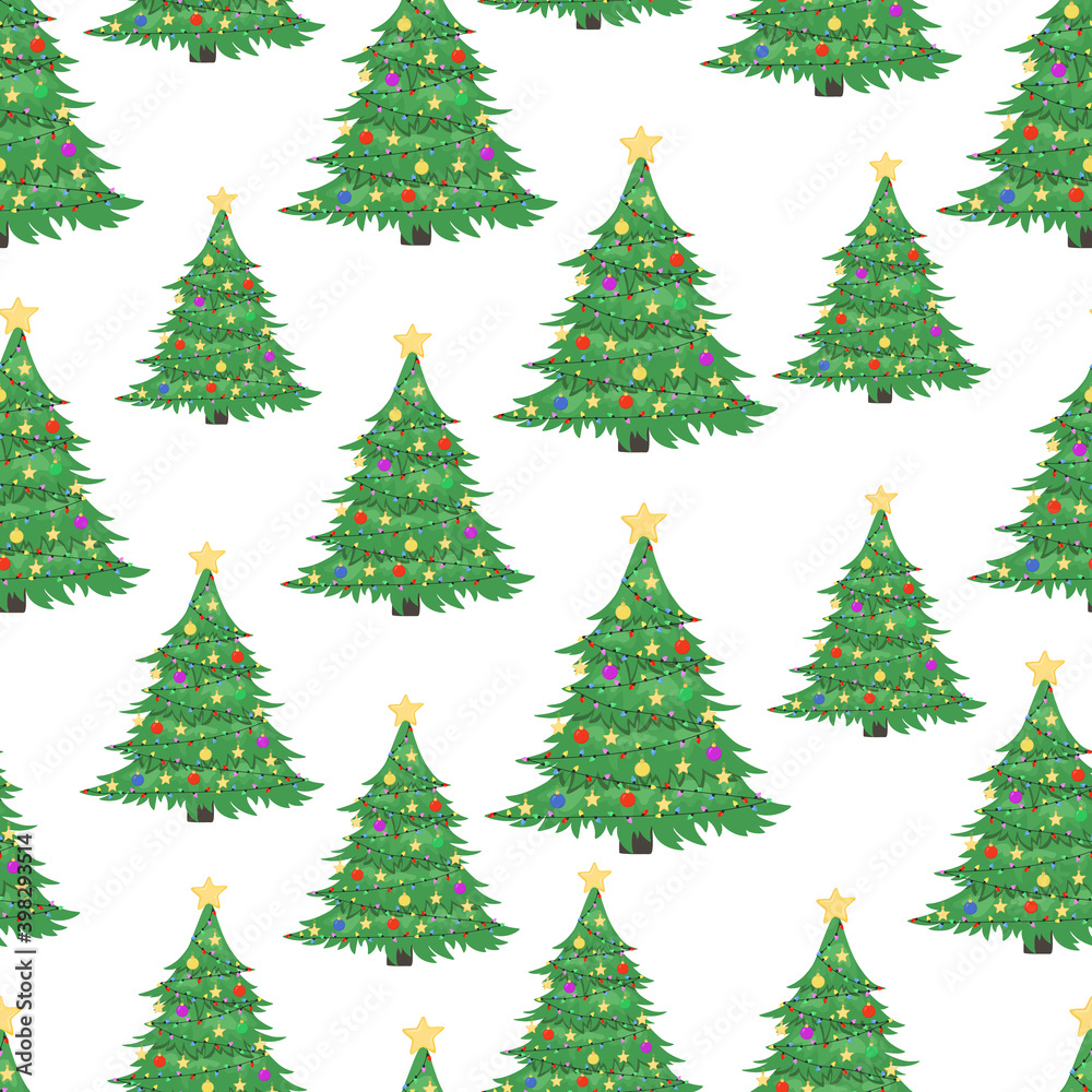 Hand drawn seamless pattern of bright green Christmas trees, decoration balls, stars, garlands. Happy New Year and Christmas illustration for greeting card, invitation, wallpaper, wrapping paper