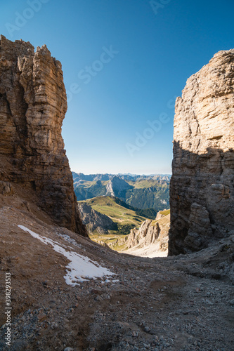 Beautiful stunning views of the Alps seen from Passo Pordoi andto Piz Boe hike in Dolomites, Italy