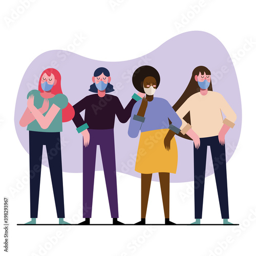 interracial young women group wearing medical masks