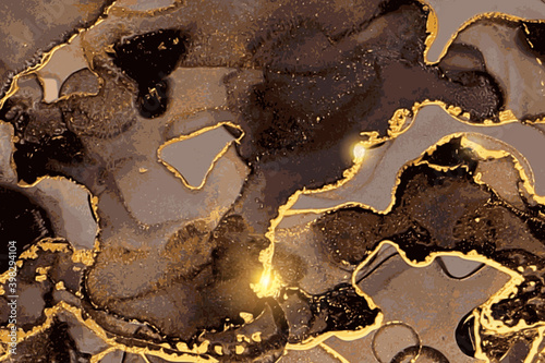 Black, grey and gold marble abstract pattern. Alcohol ink technique stone texture. Vector background. Modern paint with glitter. Banner, poster design template.