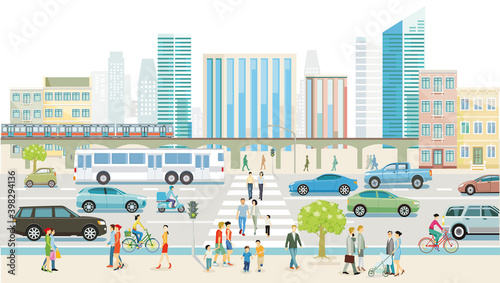 Stadt mit Straßenverkehr, Hochhäuser, Wohnhäuser und Fußgänger auf den Bürgersteig, Illustration	